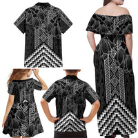 Aotearoa Taniko Pattern Family Matching Off Shoulder Maxi Dress and Hawaiian Shirt Poutama Mix Kowhai Flowers