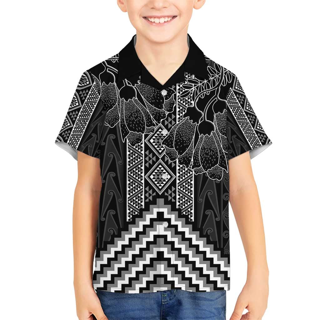 Aotearoa Taniko Pattern Family Matching Off Shoulder Short Dress and Hawaiian Shirt Poutama Mix Kowhai Flowers LT7 Son's Shirt Grey - Polynesian Pride
