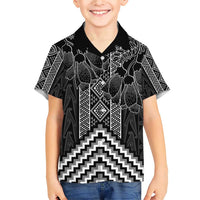 Aotearoa Taniko Pattern Family Matching Short Sleeve Bodycon Dress and Hawaiian Shirt Poutama Mix Kowhai Flowers LT7 Son's Shirt Grey - Polynesian Pride