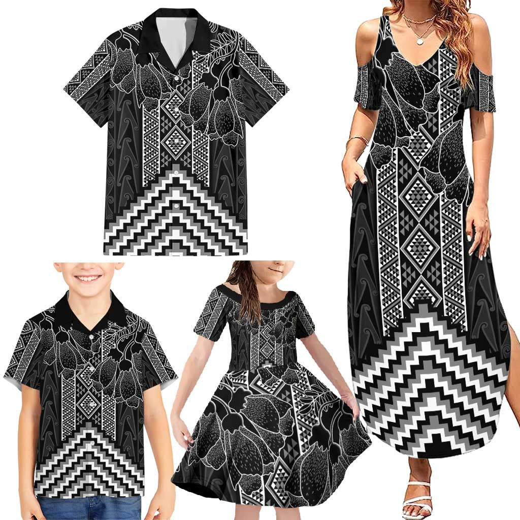 Aotearoa Taniko Pattern Family Matching Summer Maxi Dress and Hawaiian Shirt Poutama Mix Kowhai Flowers