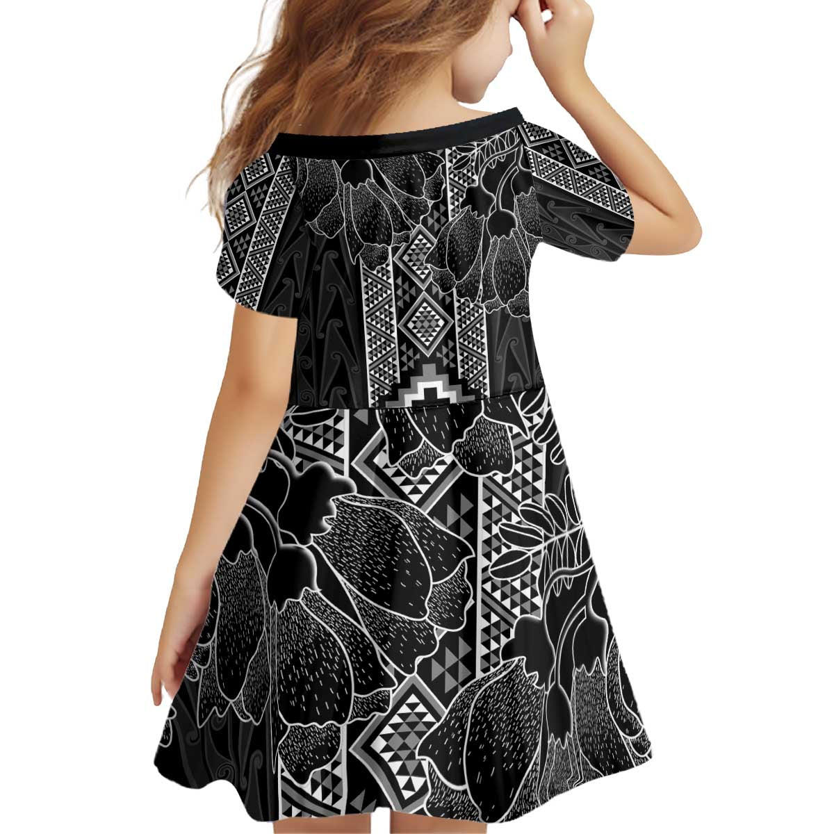 Aotearoa Taniko Pattern Kid Short Sleeve Dress Poutama Mix Kowhai Flowers