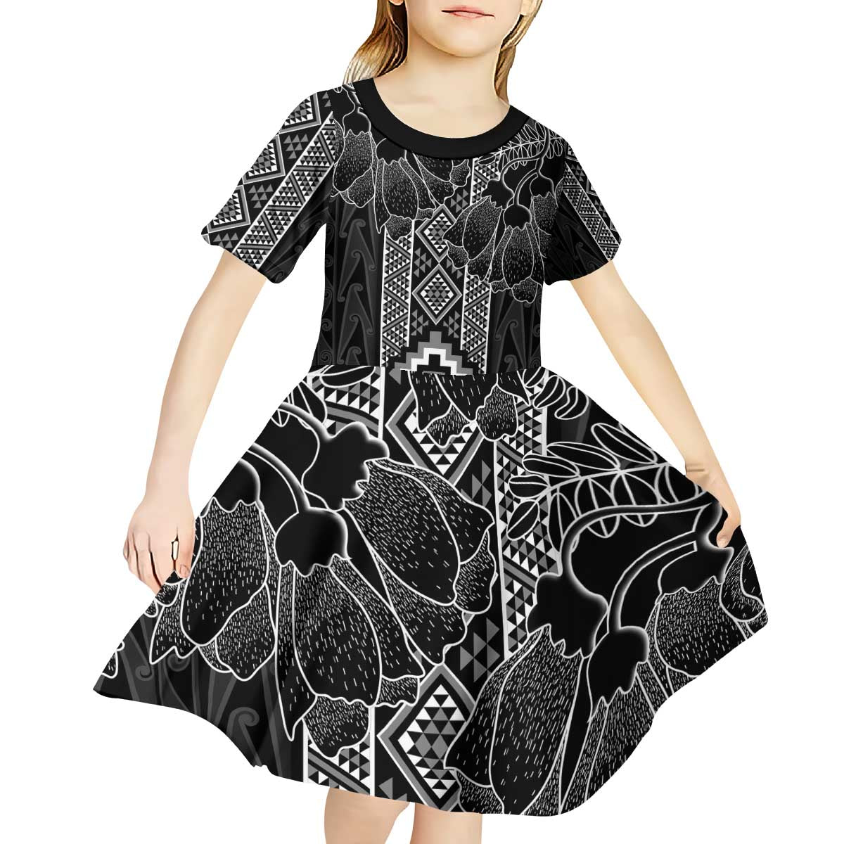 Aotearoa Taniko Pattern Kid Short Sleeve Dress Poutama Mix Kowhai Flowers