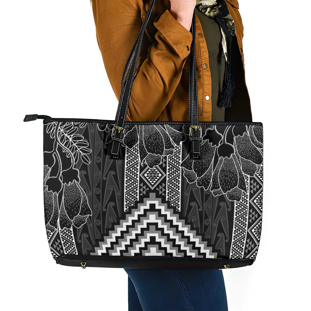 Aotearoa Taniko Pattern Leather Tote Bag Poutama Mix Kowhai Flowers LT7 - Polynesian Pride
