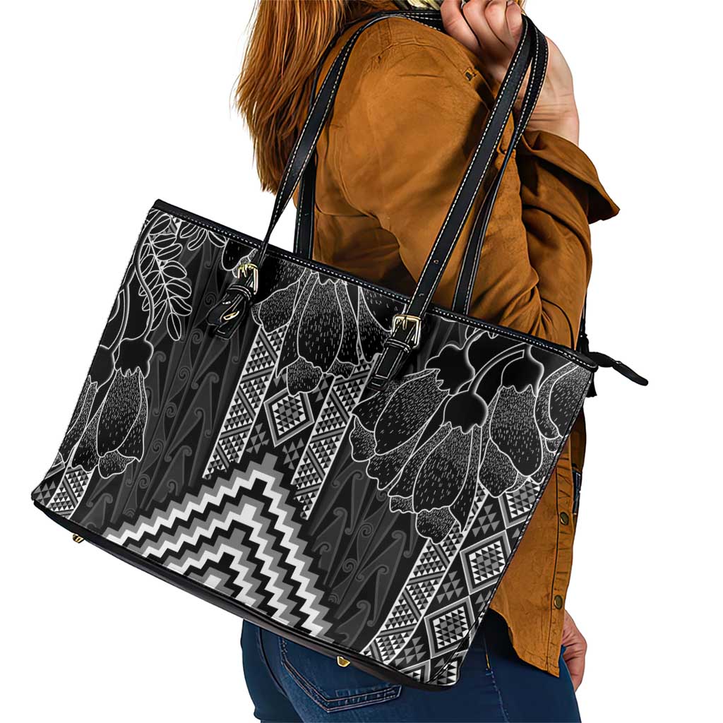 Aotearoa Taniko Pattern Leather Tote Bag Poutama Mix Kowhai Flowers LT7 - Polynesian Pride