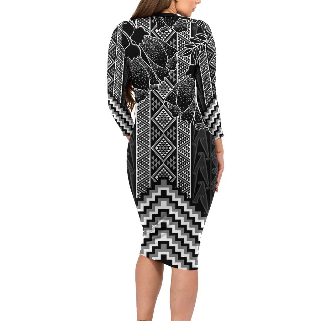 Aotearoa Taniko Pattern Long Sleeve Bodycon Dress Poutama Mix Kowhai Flowers
