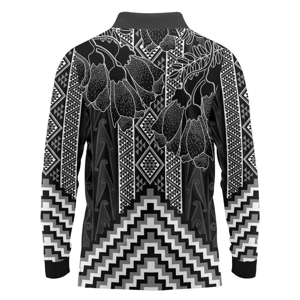 Aotearoa Taniko Pattern Long Sleeve Polo Shirt Poutama Mix Kowhai Flowers