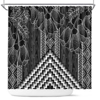 Aotearoa Taniko Pattern Shower Curtain Poutama Mix Kowhai Flowers LT7 Grey - Polynesian Pride