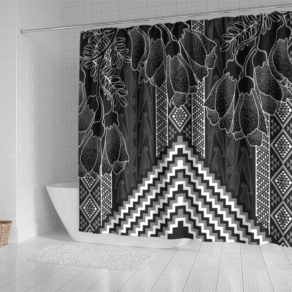 Aotearoa Taniko Pattern Shower Curtain Poutama Mix Kowhai Flowers LT7 - Polynesian Pride