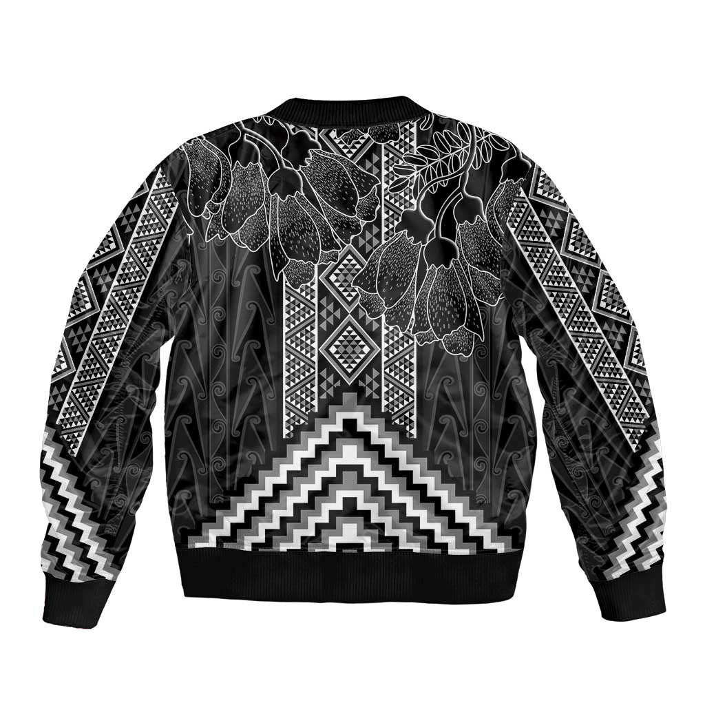 Aotearoa Taniko Pattern Sleeve Zip Bomber Jacket Poutama Mix Kowhai Flowers