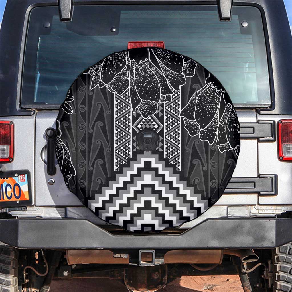 Aotearoa Taniko Pattern Spare Tire Cover Poutama Mix Kowhai Flowers LT7 Grey - Polynesian Pride