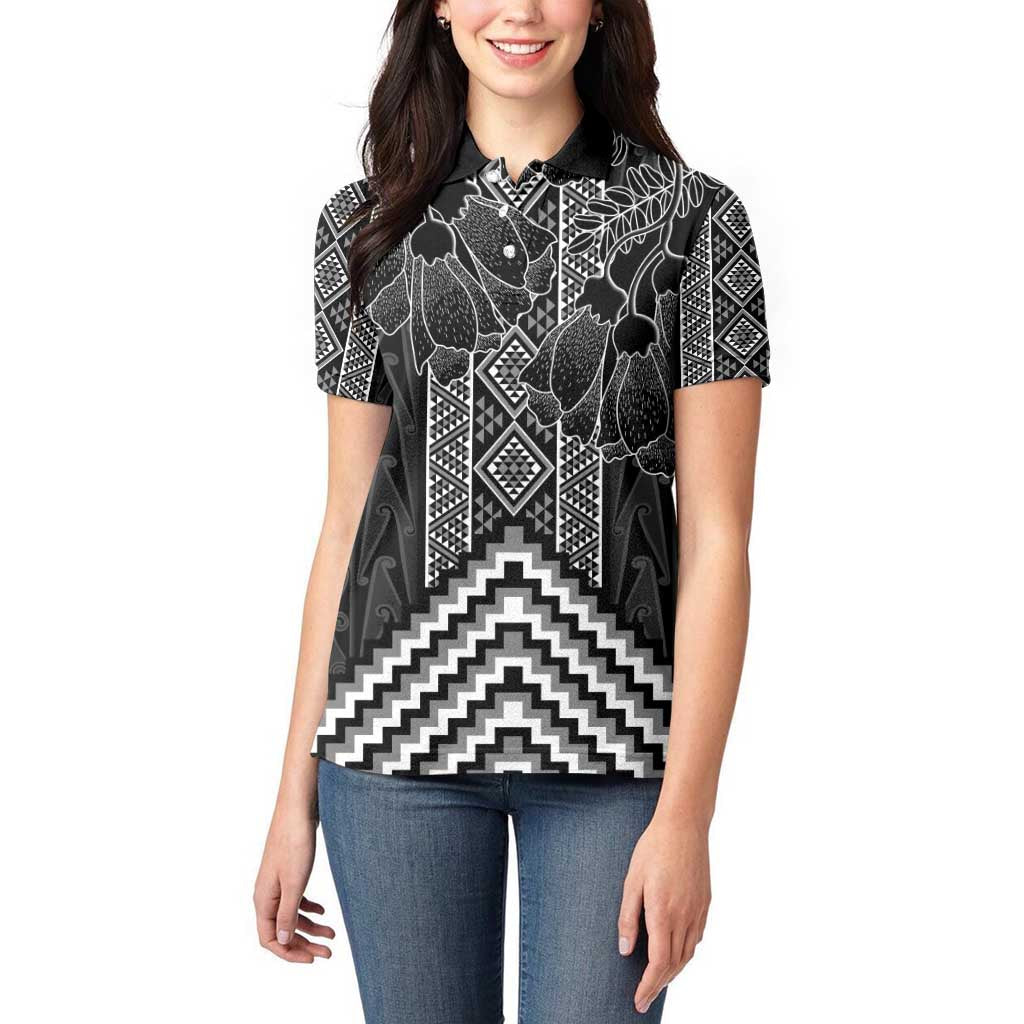 Aotearoa Taniko Pattern Women Polo Shirt Poutama Mix Kowhai Flowers
