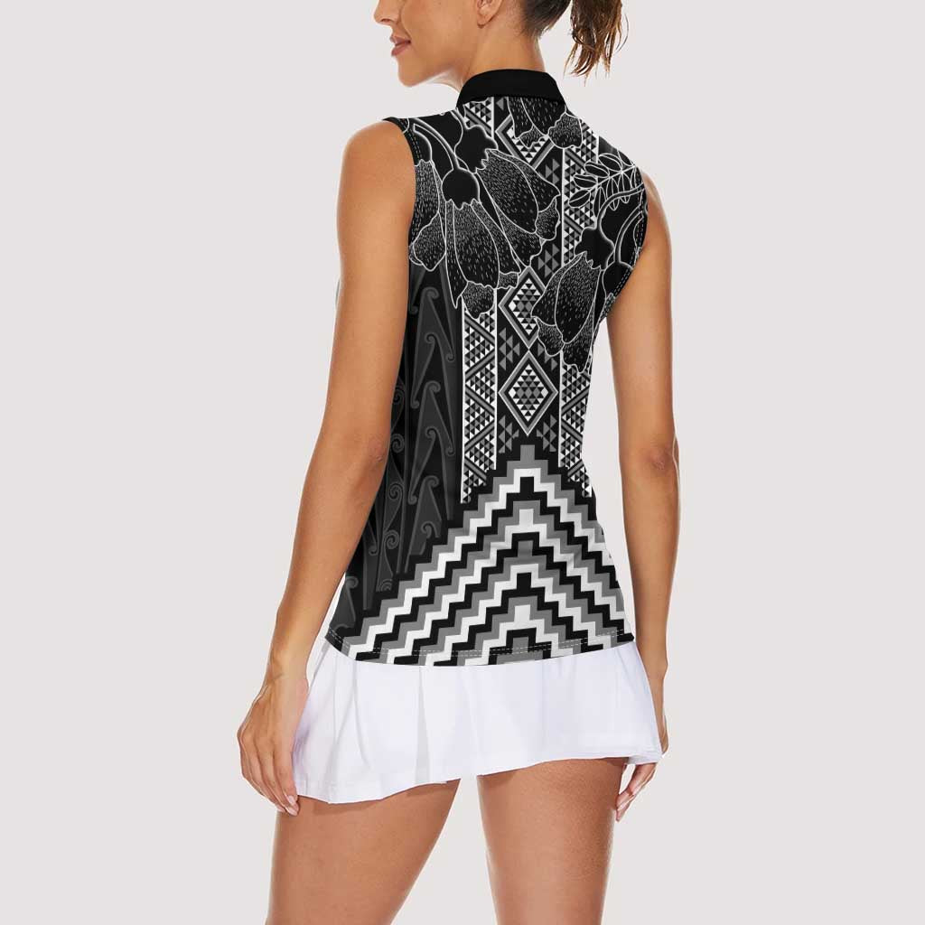 Aotearoa Taniko Pattern Women Sleeveless Polo Shirt Poutama Mix Kowhai Flowers