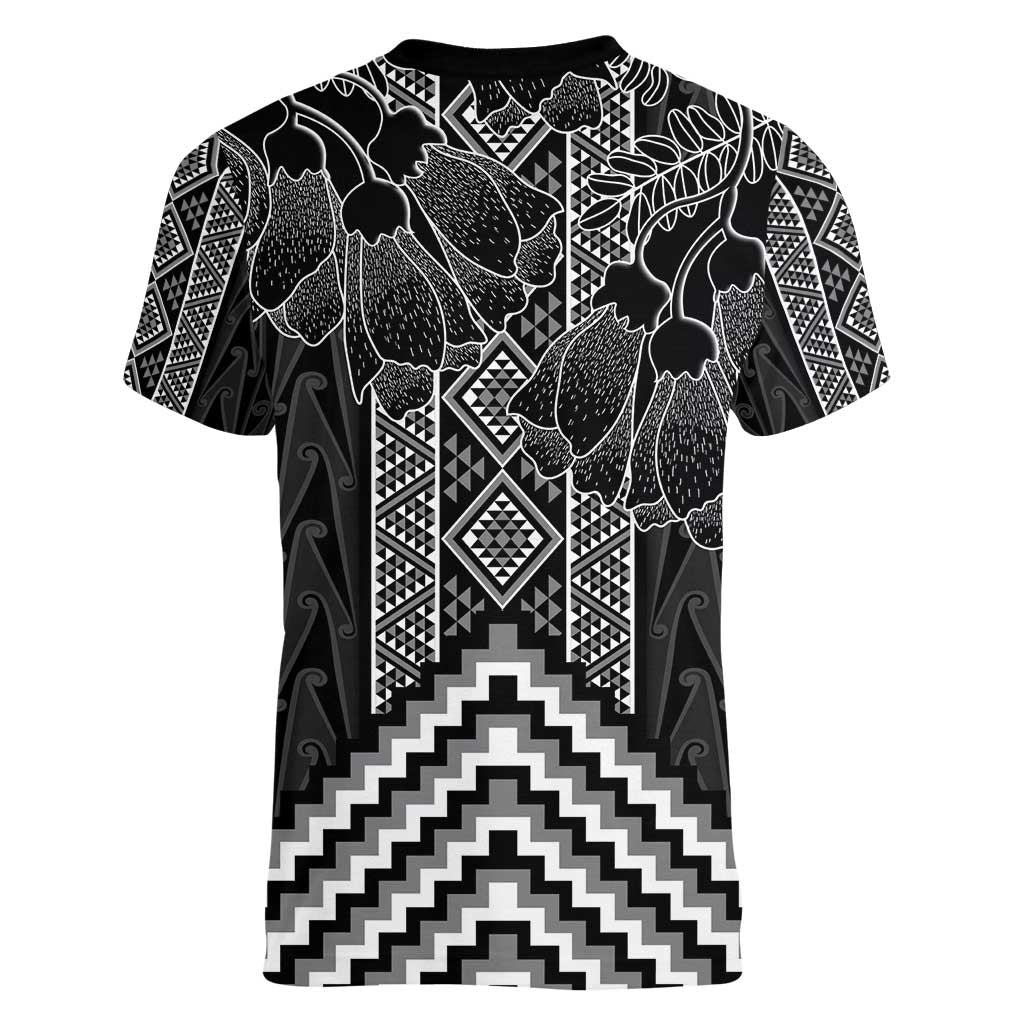 Aotearoa Taniko Pattern Women V-Neck T-Shirt Poutama Mix Kowhai Flowers