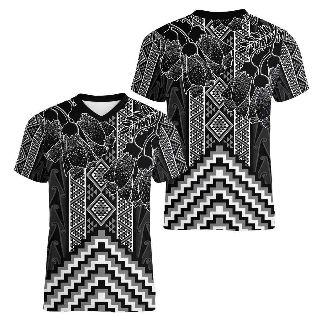 Aotearoa Taniko Pattern Women V-Neck T-Shirt Poutama Mix Kowhai Flowers