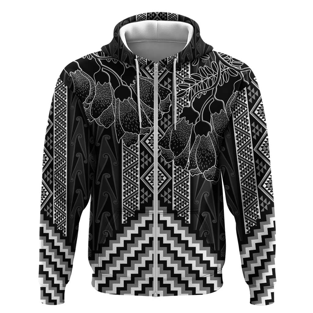 Aotearoa Taniko Pattern Zip Hoodie Poutama Mix Kowhai Flowers LT7 Zip Hoodie Grey - Polynesian Pride