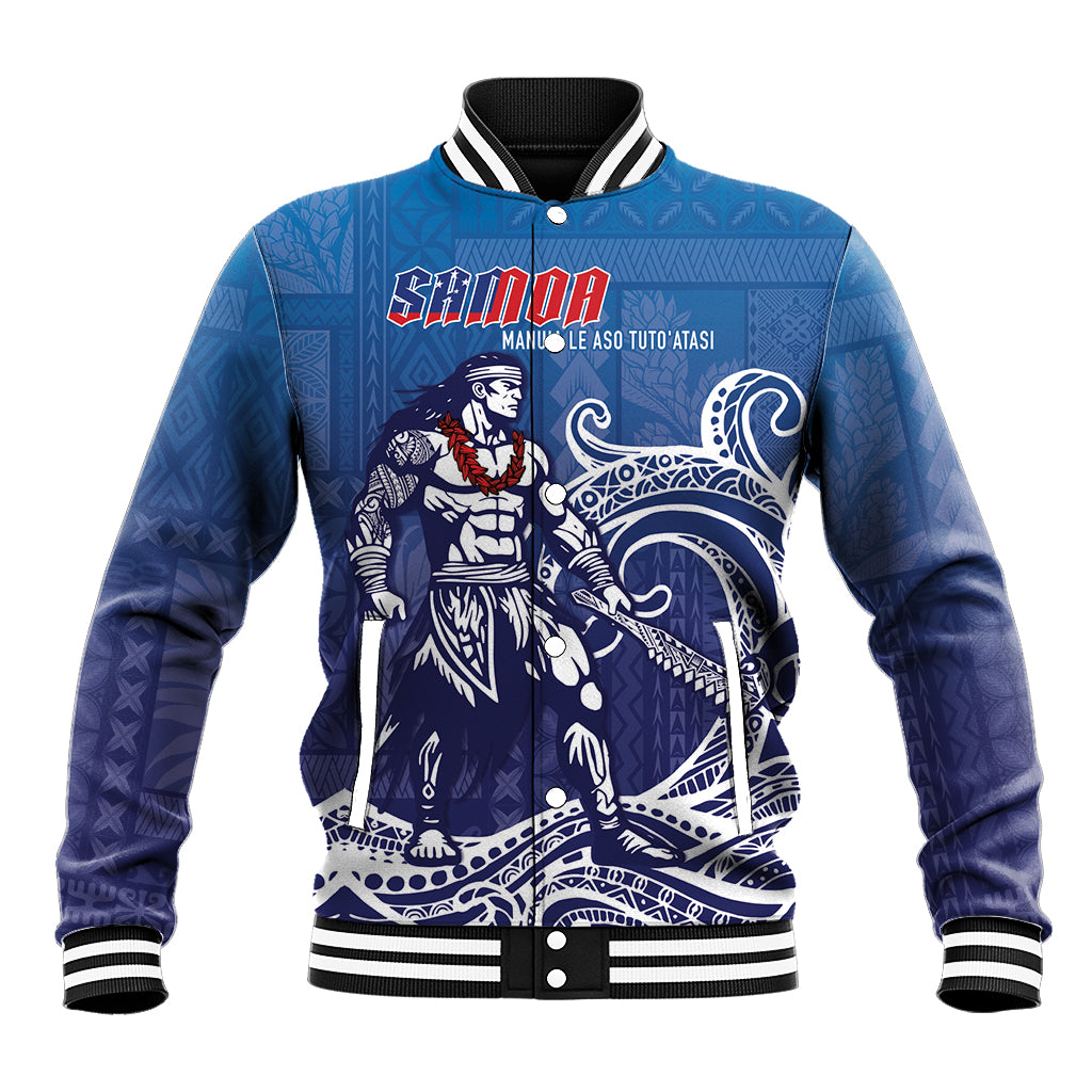 Samoa Manuia le Aso Tuto'atasi Siapo Motif Baseball Jacket Warrior with Nifo Oti LT7 Unisex Blue - Polynesian Pride