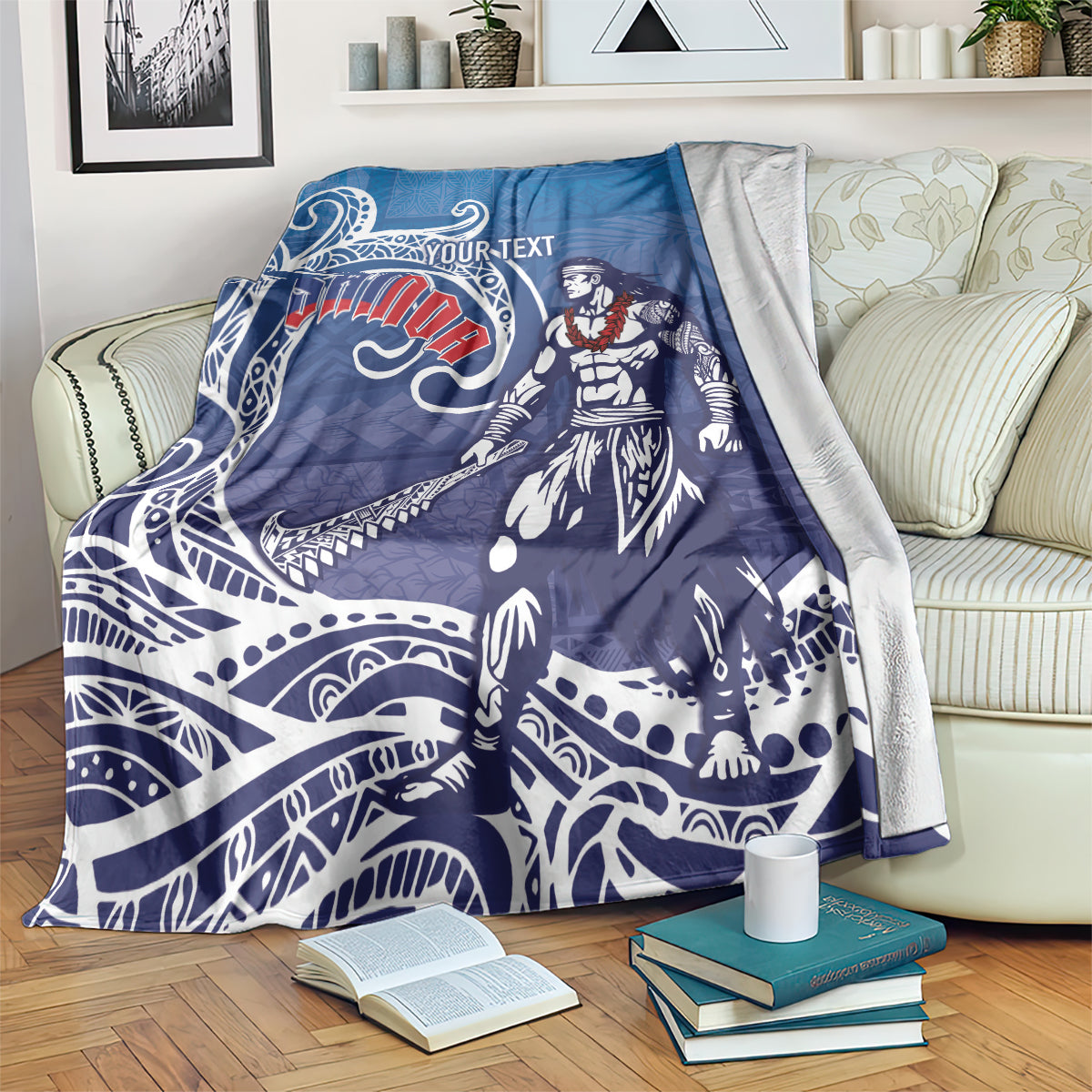 Samoa Manuia le Aso Tuto'atasi Siapo Motif Blanket Warrior with Nifo Oti LT7 Blue - Polynesian Pride
