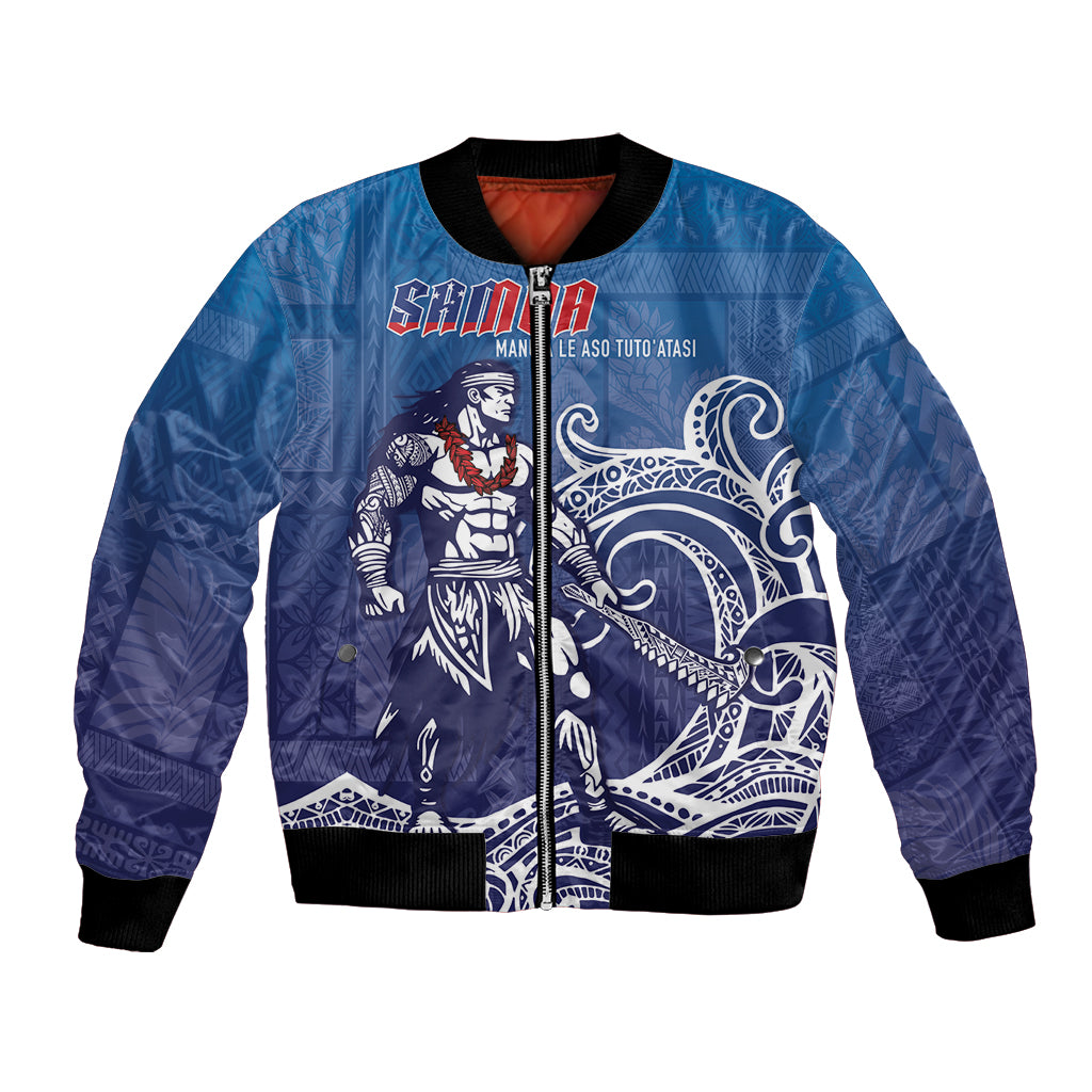 Samoa Manuia le Aso Tuto'atasi Siapo Motif Bomber Jacket Warrior with Nifo Oti LT7 Unisex Blue - Polynesian Pride