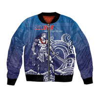 Samoa Manuia le Aso Tuto'atasi Siapo Motif Bomber Jacket Warrior with Nifo Oti LT7 Unisex Blue - Polynesian Pride