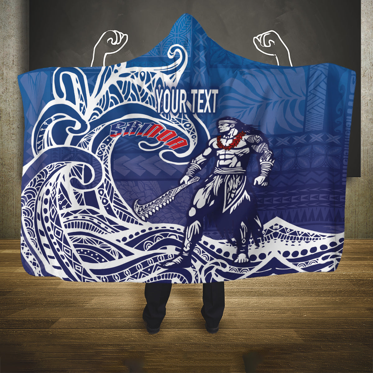 Samoa Manuia le Aso Tuto'atasi Siapo Motif Hooded Blanket Warrior with Nifo Oti LT7 One Size Blue - Polynesian Pride