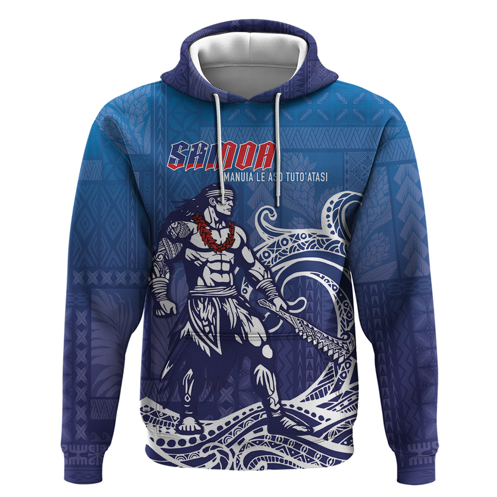 Samoa Manuia le Aso Tuto'atasi Siapo Motif Hoodie Warrior with Nifo Oti LT7 Pullover Hoodie Blue - Polynesian Pride