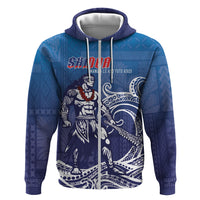 Samoa Manuia le Aso Tuto'atasi Siapo Motif Hoodie Warrior with Nifo Oti LT7 Zip Hoodie Blue - Polynesian Pride