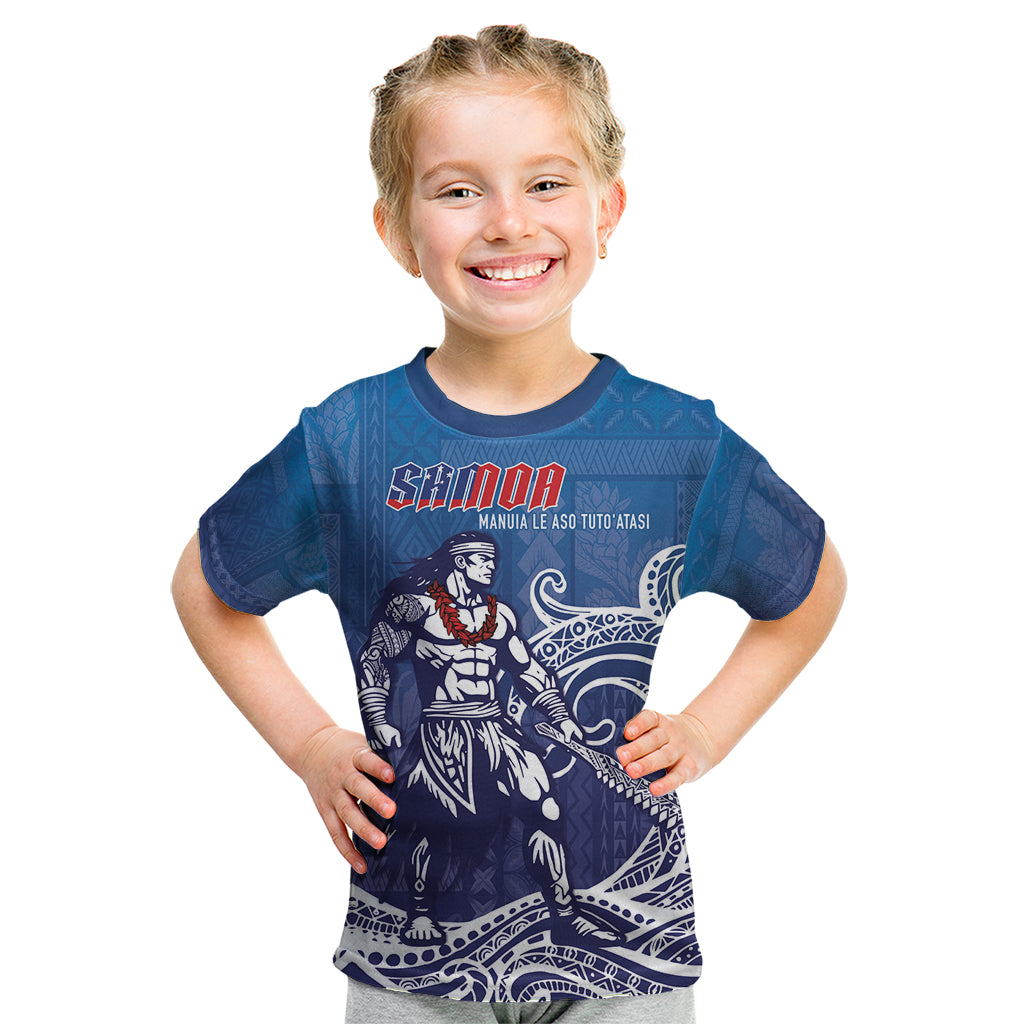 Samoa Manuia le Aso Tuto'atasi Siapo Motif Kid T Shirt Warrior with Nifo Oti LT7 Blue - Polynesian Pride