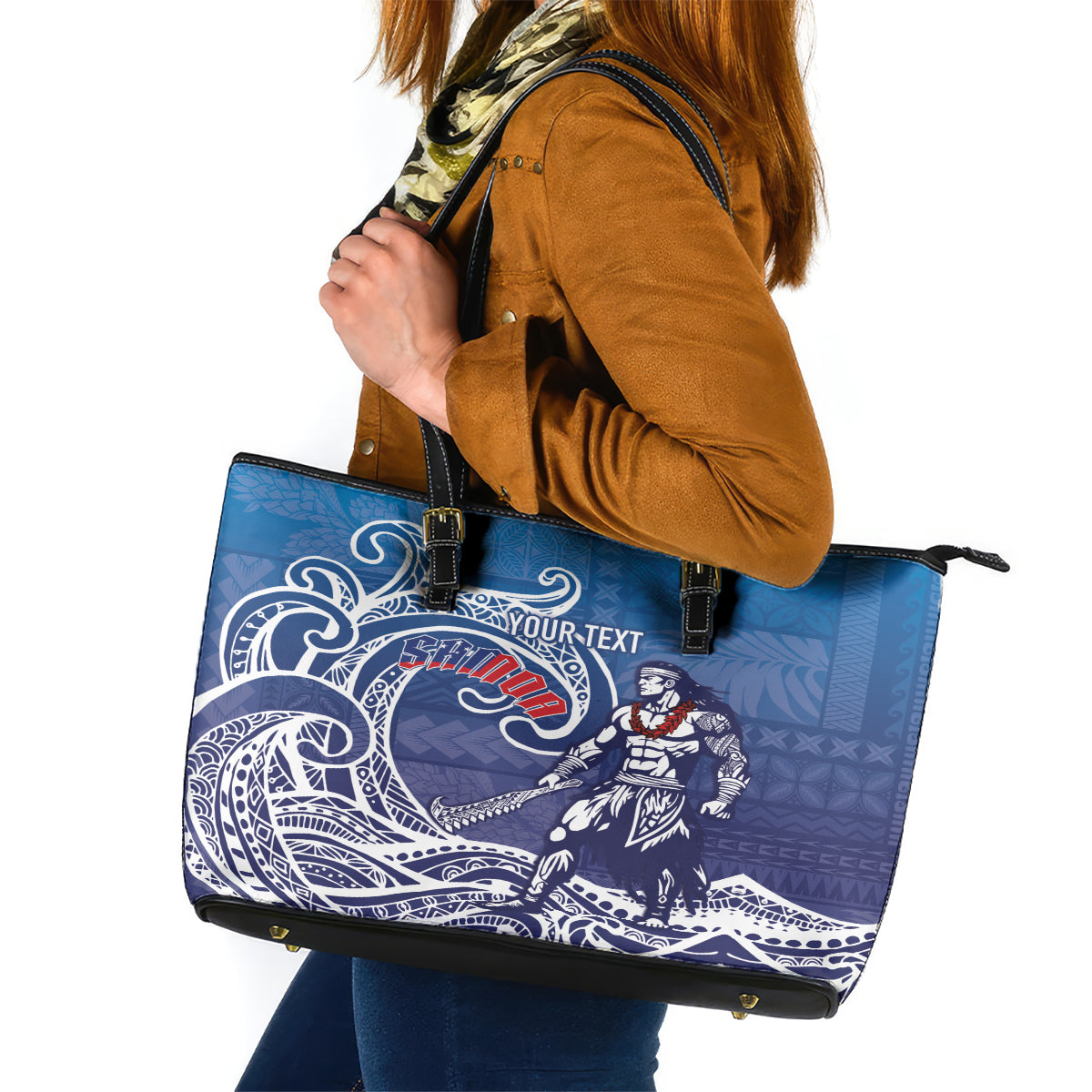 Samoa Manuia le Aso Tuto'atasi Siapo Motif Leather Tote Bag Warrior with Nifo Oti LT7 Blue - Polynesian Pride