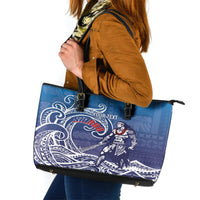 Samoa Manuia le Aso Tuto'atasi Siapo Motif Leather Tote Bag Warrior with Nifo Oti LT7 Blue - Polynesian Pride