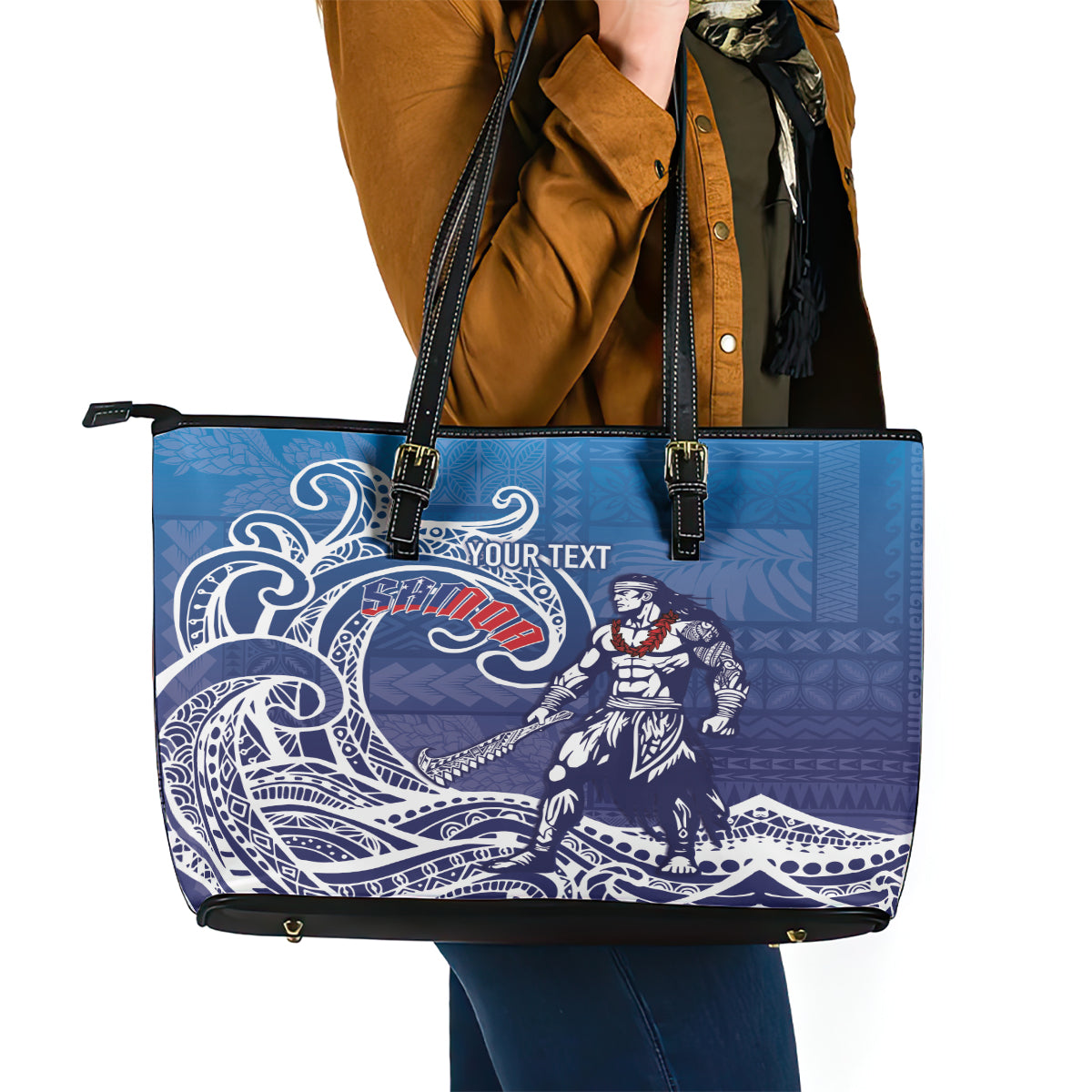 Samoa Manuia le Aso Tuto'atasi Siapo Motif Leather Tote Bag Warrior with Nifo Oti LT7 - Polynesian Pride