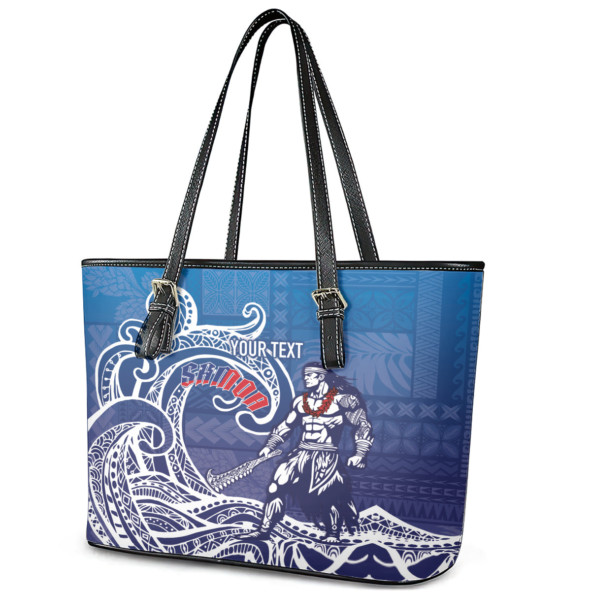 Samoa Manuia le Aso Tuto'atasi Siapo Motif Leather Tote Bag Warrior with Nifo Oti LT7 - Polynesian Pride