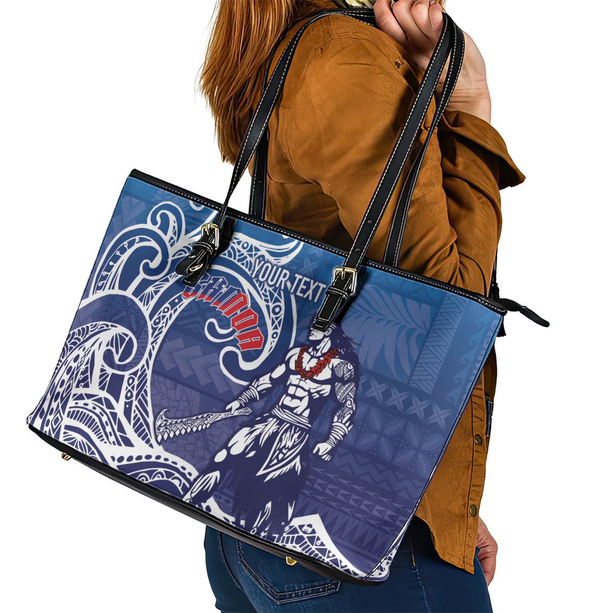 Samoa Manuia le Aso Tuto'atasi Siapo Motif Leather Tote Bag Warrior with Nifo Oti LT7 - Polynesian Pride