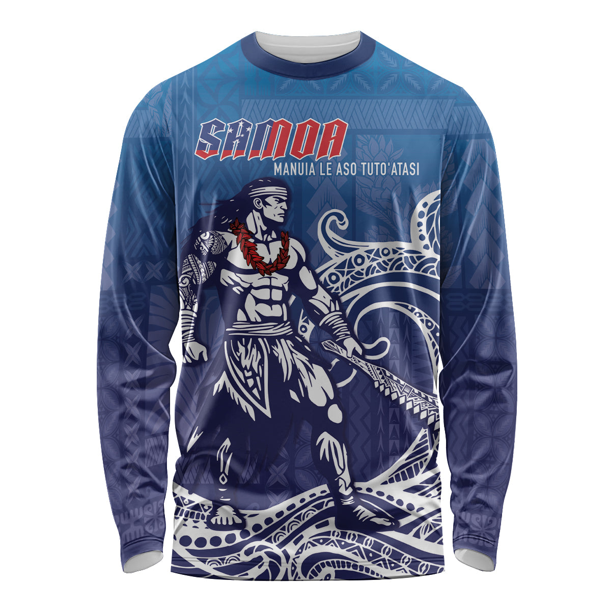 Samoa Manuia le Aso Tuto'atasi Siapo Motif Long Sleeve Shirt Warrior with Nifo Oti LT7 Unisex Blue - Polynesian Pride