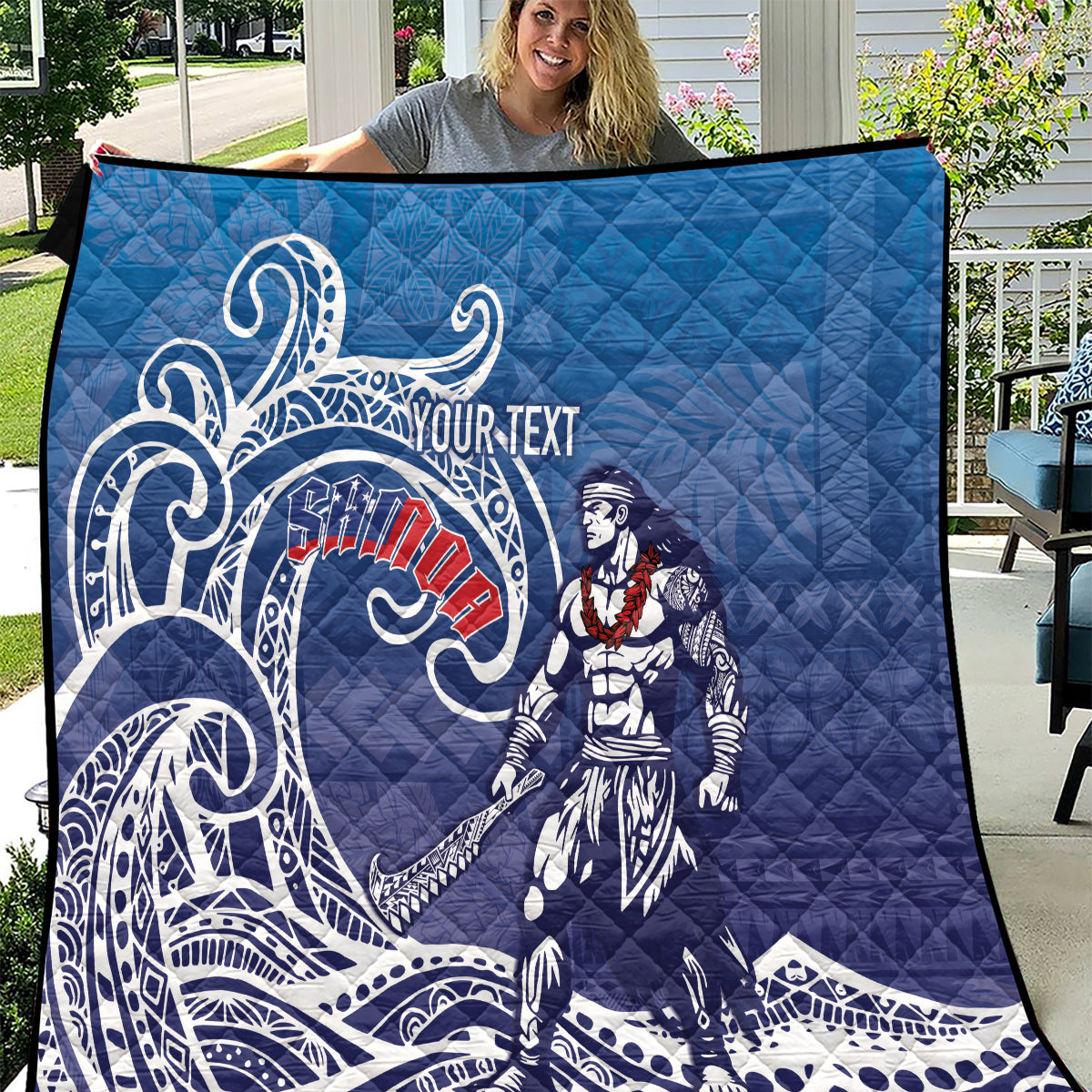 Samoa Manuia le Aso Tuto'atasi Siapo Motif Quilt Warrior with Nifo Oti LT7 Blue - Polynesian Pride