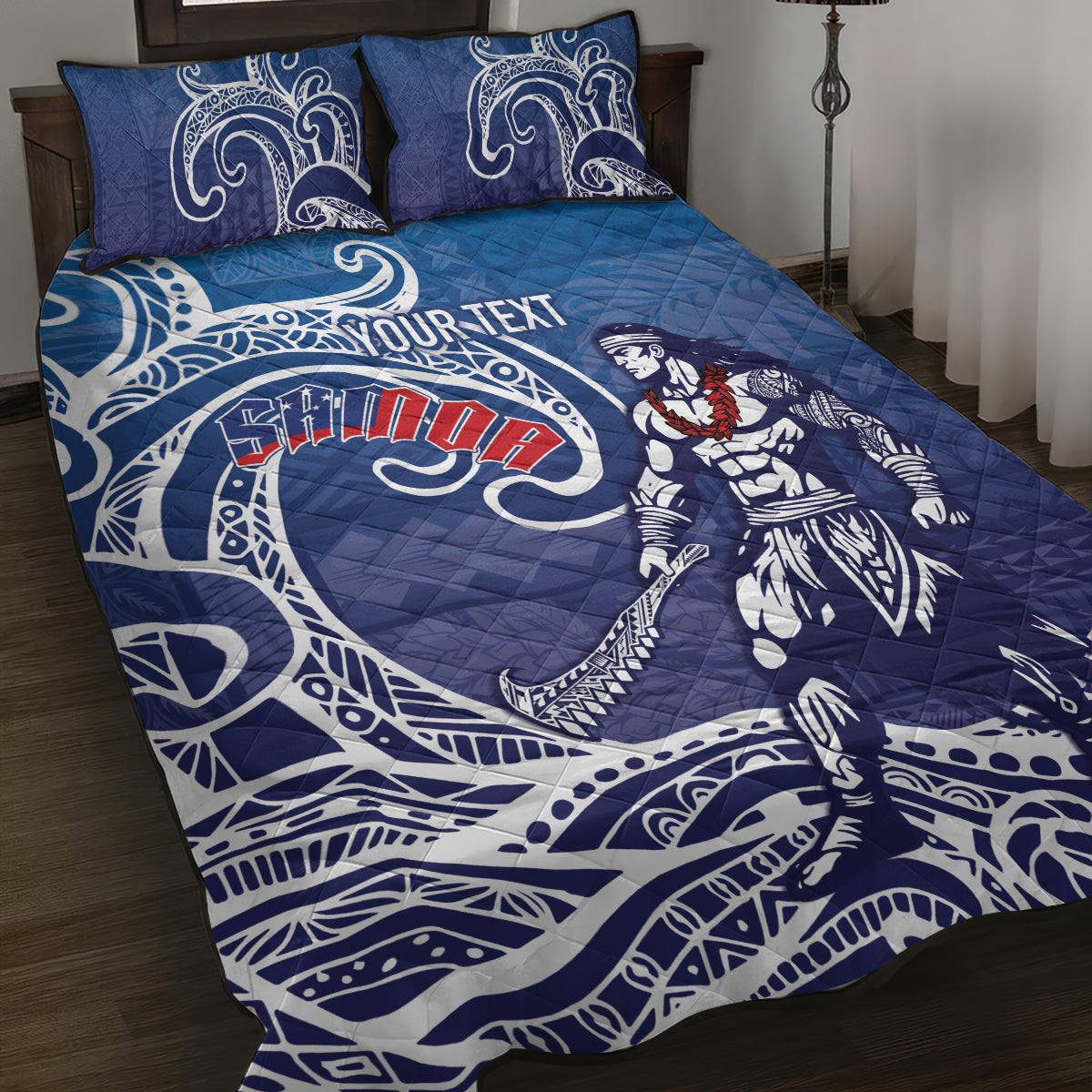 Samoa Manuia le Aso Tuto'atasi Siapo Motif Quilt Bed Set Warrior with Nifo Oti LT7 Blue - Polynesian Pride