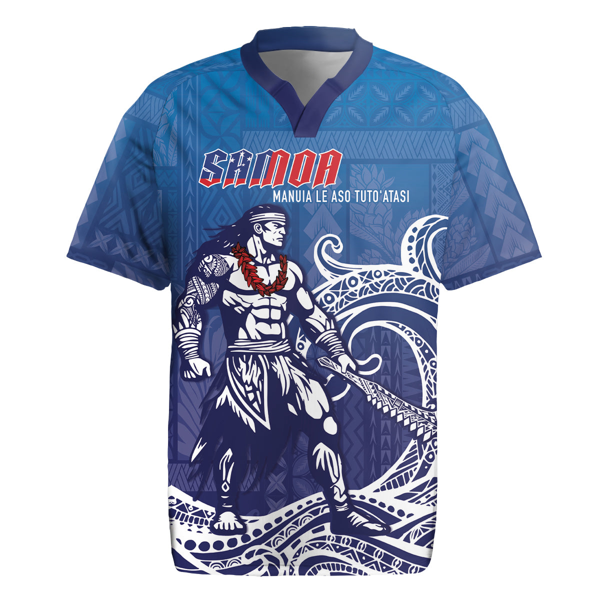 Samoa Manuia le Aso Tuto'atasi Siapo Motif Rugby Jersey Warrior with Nifo Oti LT7 Blue - Polynesian Pride