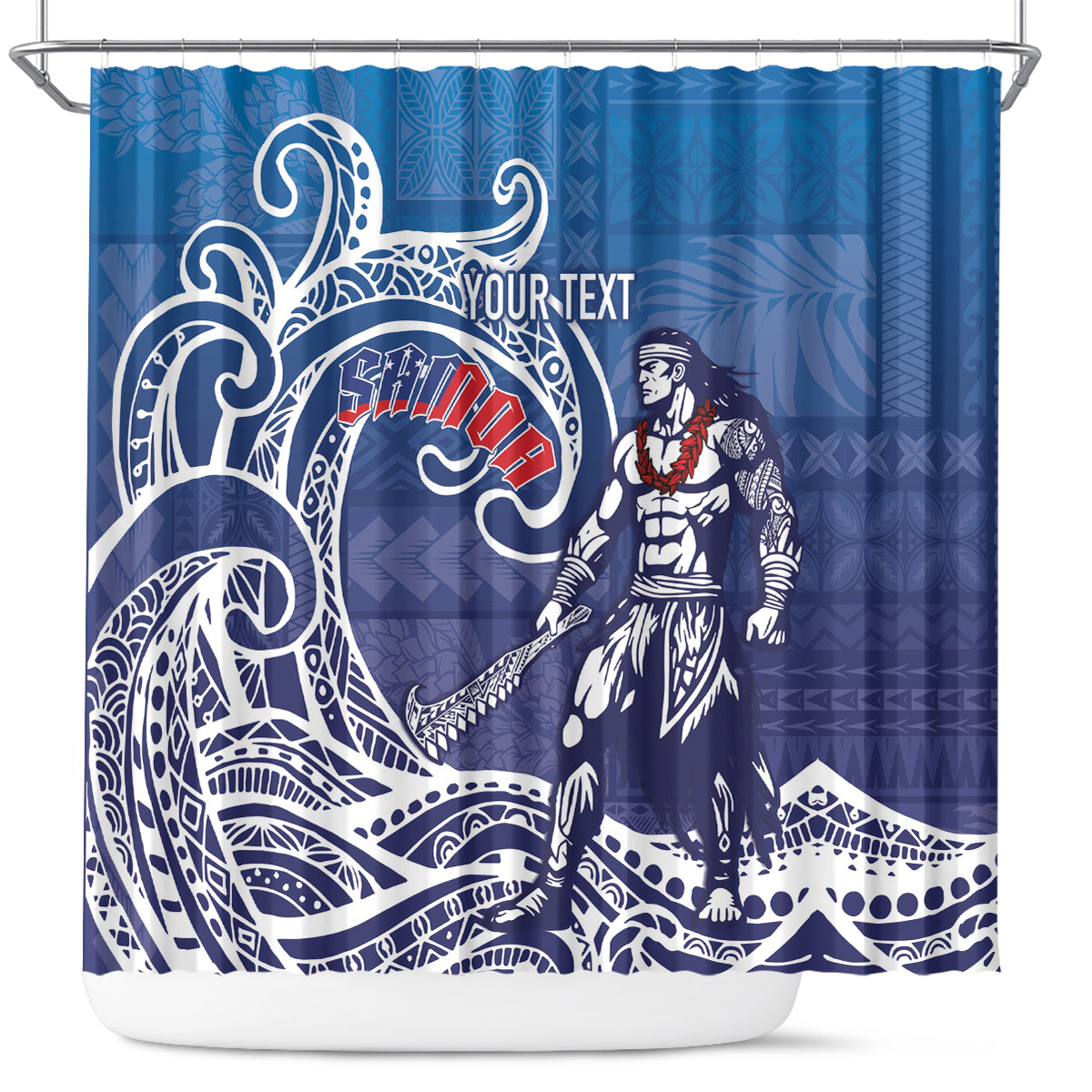 Samoa Manuia le Aso Tuto'atasi Siapo Motif Shower Curtain Warrior with Nifo Oti LT7 Blue - Polynesian Pride