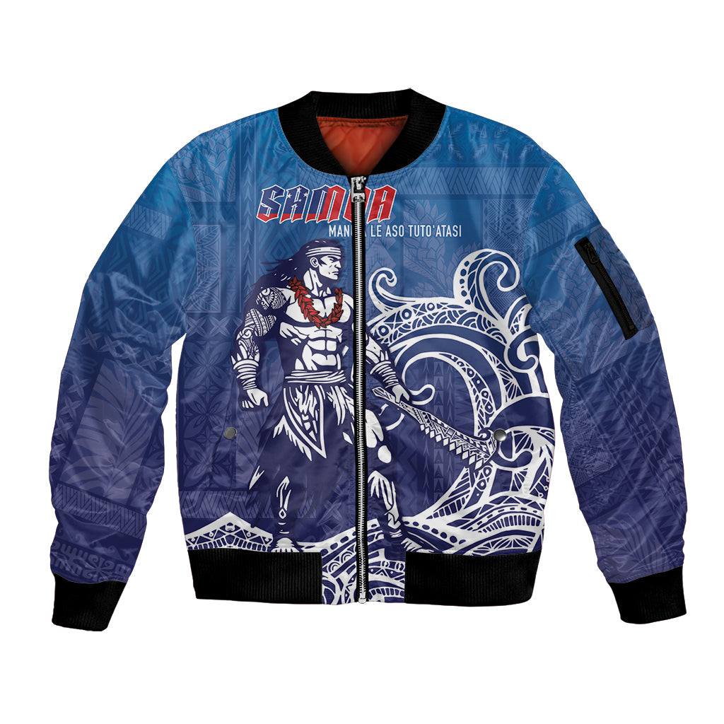 Samoa Manuia le Aso Tuto'atasi Siapo Motif Sleeve Zip Bomber Jacket Warrior with Nifo Oti LT7 Unisex Blue - Polynesian Pride