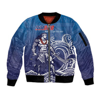 Samoa Manuia le Aso Tuto'atasi Siapo Motif Sleeve Zip Bomber Jacket Warrior with Nifo Oti LT7 Unisex Blue - Polynesian Pride