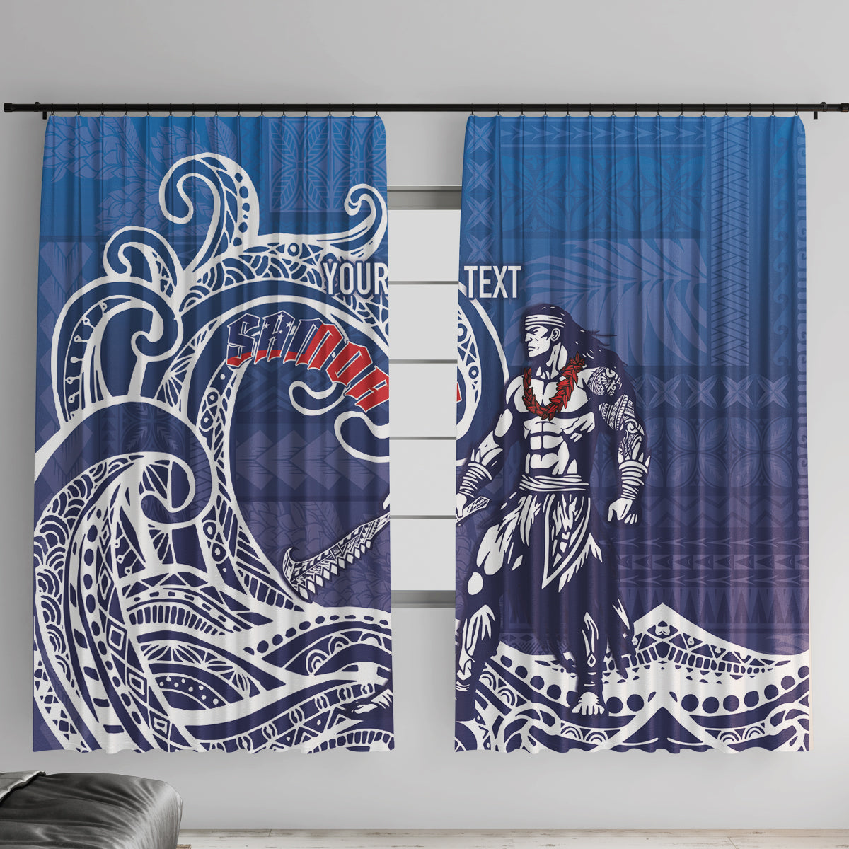 Samoa Manuia le Aso Tuto'atasi Siapo Motif Window Curtain Warrior with Nifo Oti LT7 With Hooks Blue - Polynesian Pride