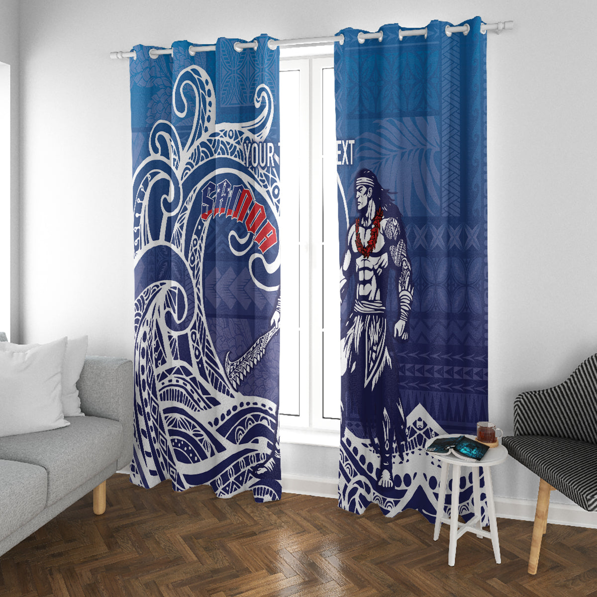 Samoa Manuia le Aso Tuto'atasi Siapo Motif Window Curtain Warrior with Nifo Oti LT7 With Grommets Blue - Polynesian Pride