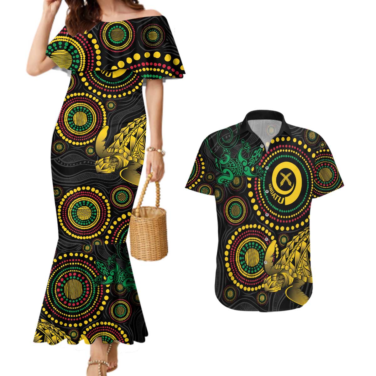 Vanuatu Personalized Aboriginal Arts Couples Matching Mermaid Dress and Hawaiian Shirt Turtle and Iguana Special - Polynesian Pride