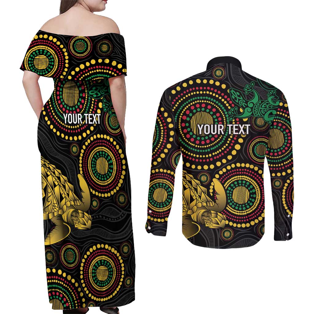 Vanuatu Personalized Aboriginal Arts Couples Matching Off Shoulder Maxi Dress and Long Sleeve Button Shirt Turtle and Iguana Special - Polynesian Pride
