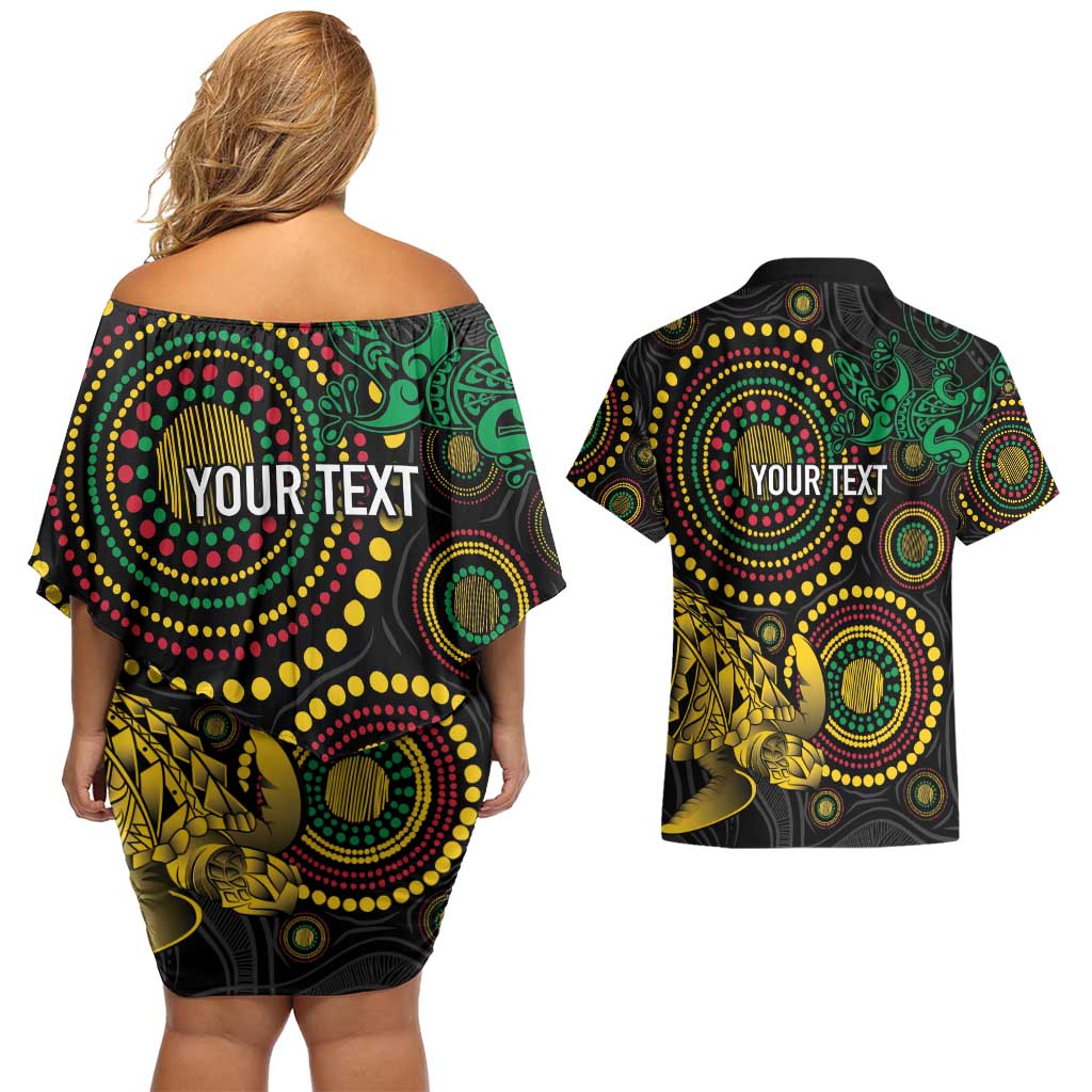 Vanuatu Personalized Aboriginal Arts Couples Matching Off Shoulder Short Dress and Hawaiian Shirt Turtle and Iguana Special - Polynesian Pride