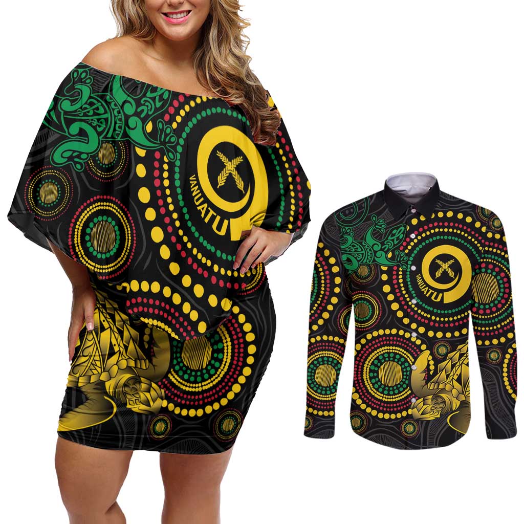 Vanuatu Personalized Aboriginal Arts Couples Matching Off Shoulder Short Dress and Long Sleeve Button Shirt Turtle and Iguana Special - Polynesian Pride