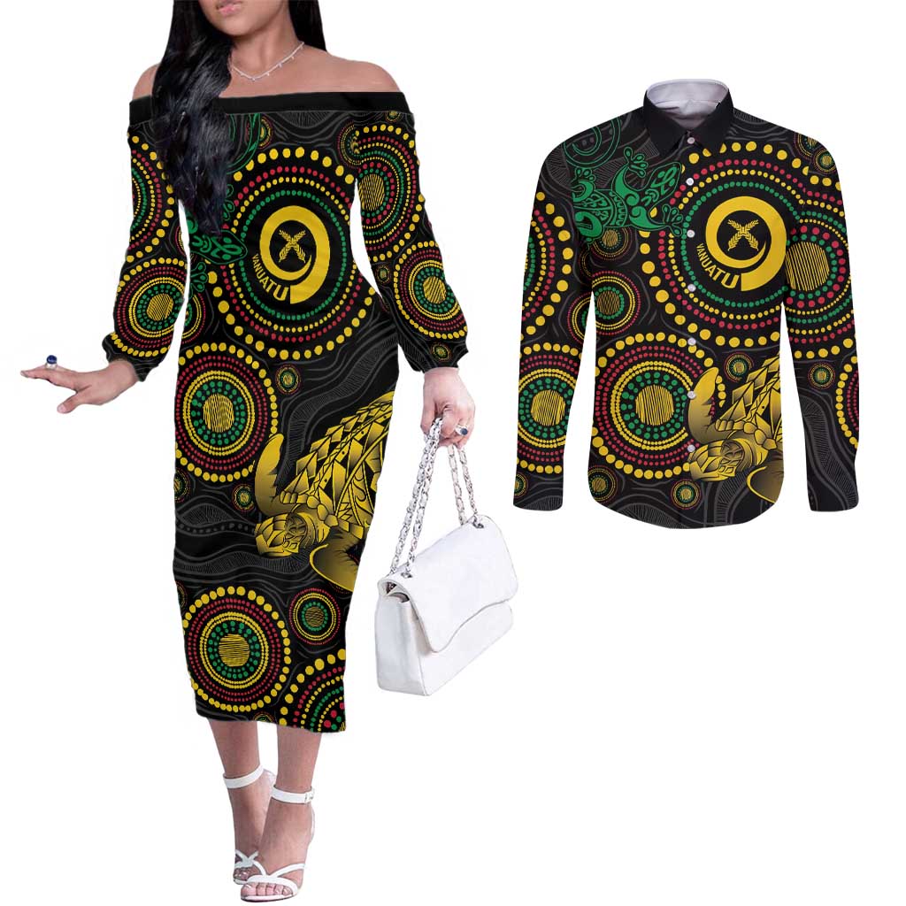 Vanuatu Personalized Aboriginal Arts Couples Matching Off The Shoulder Long Sleeve Dress and Long Sleeve Button Shirt Turtle and Iguana Special - Polynesian Pride