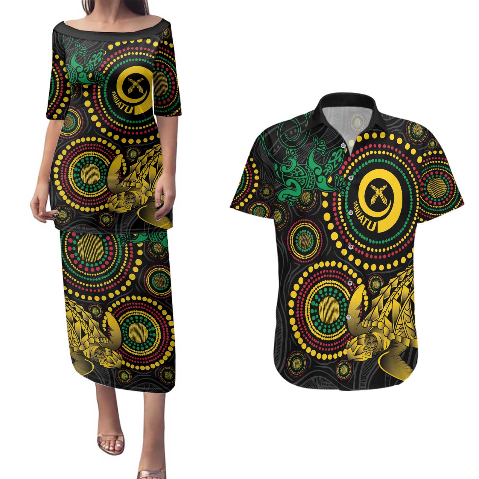 Vanuatu Personalized Aboriginal Arts Couples Matching Puletasi and Hawaiian Shirt Turtle and Iguana Special - Polynesian Pride