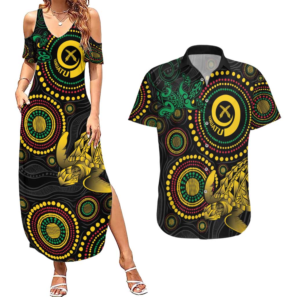 Vanuatu Personalized Aboriginal Arts Couples Matching Summer Maxi Dress and Hawaiian Shirt Turtle and Iguana Special - Polynesian Pride
