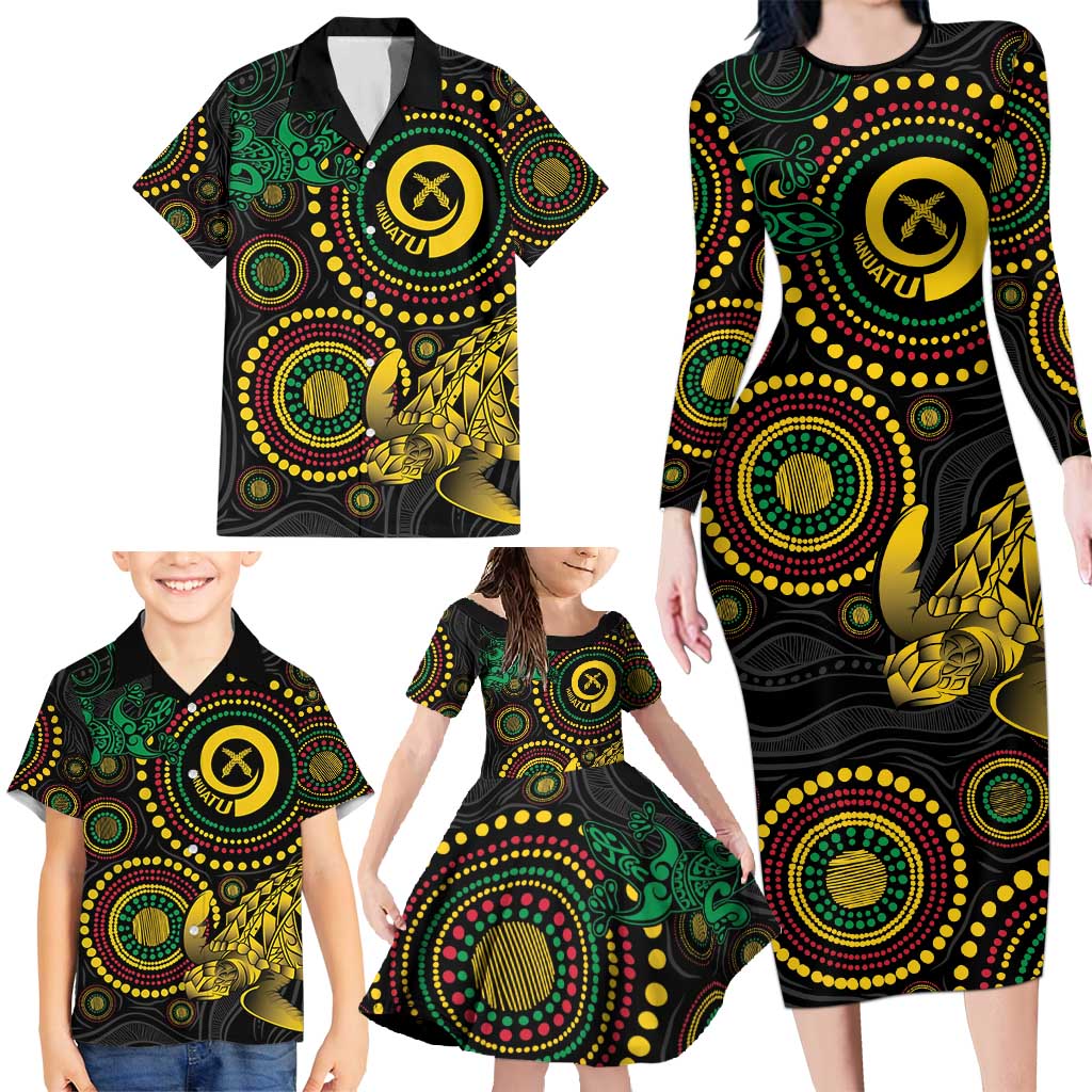 Vanuatu Personalized Aboriginal Arts Family Matching Long Sleeve Bodycon Dress and Hawaiian Shirt Turtle and Iguana Special - Polynesian Pride
