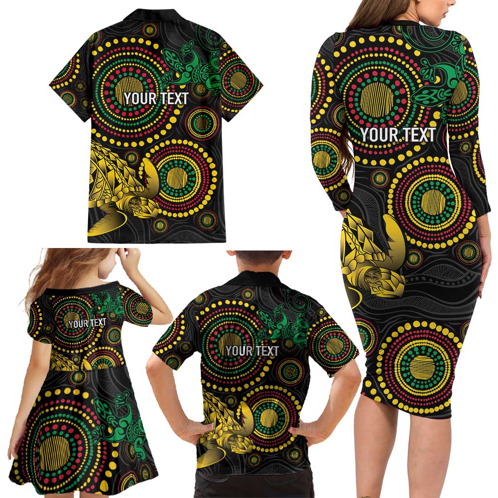 Vanuatu Personalized Aboriginal Arts Family Matching Long Sleeve Bodycon Dress and Hawaiian Shirt Turtle and Iguana Special - Polynesian Pride